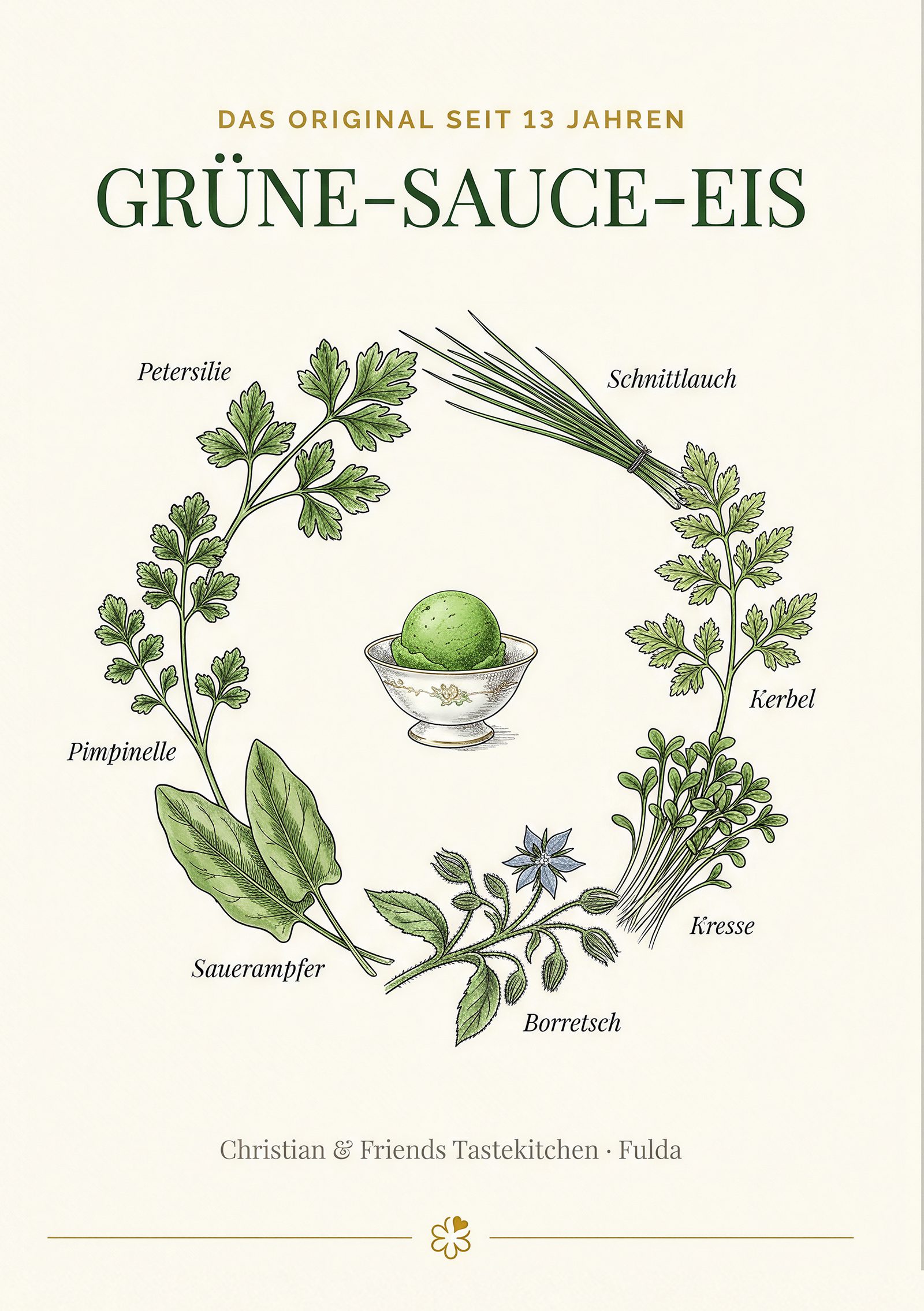 Grüne-Sauce-Eis umgeben von den sieben Frankfurter Kräutern - Petersilie, Schnittlauch, Kerbel, Kresse, Borretsch, Sauerampfer, Pimpinelle